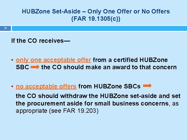 HUBZone Set-Aside – Only One Offer or No Offers (FAR 19. 1305(c)) 26 If