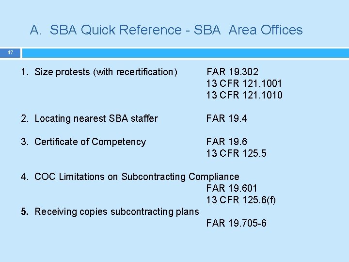 A. SBA Quick Reference - SBA Area Offices 47 1. Size protests (with recertification)