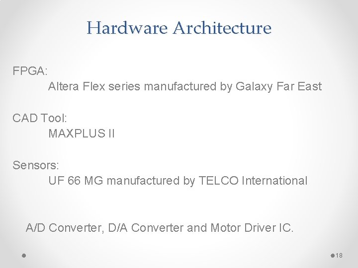 Hardware Architecture FPGA: Altera Flex series manufactured by Galaxy Far East CAD Tool: MAXPLUS