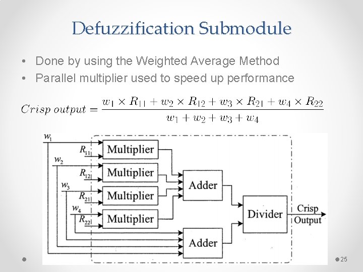 Defuzzification Submodule • Done by using the Weighted Average Method • Parallel multiplier used