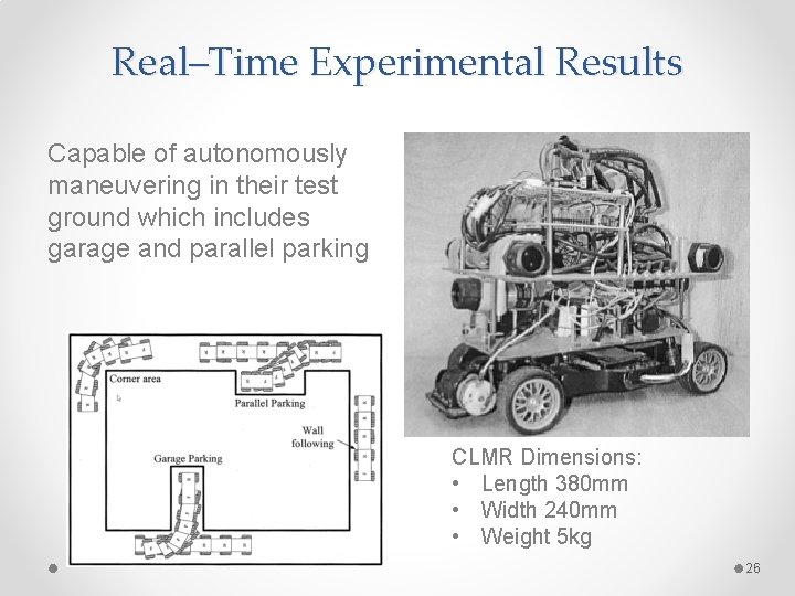 Real–Time Experimental Results Capable of autonomously maneuvering in their test ground which includes garage