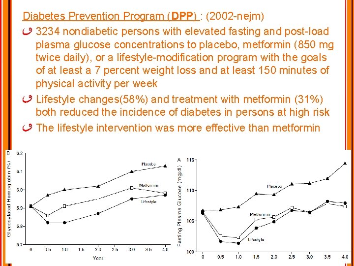 Diabetes Prevention Program (DPP) : (2002 -nejm) 3234 nondiabetic persons with elevated fasting and