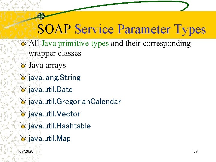 SOAP Service Parameter Types All Java primitive types and their corresponding wrapper classes Java