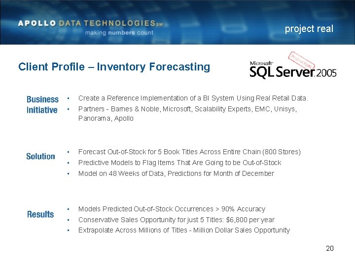 project real Client Profile – Inventory Forecasting • Create a Reference Implementation of a