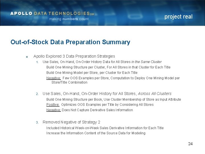 project real Out-of-Stock Data Preparation Summary Apollo Explored 3 Data Preparation Strategies 1. Use