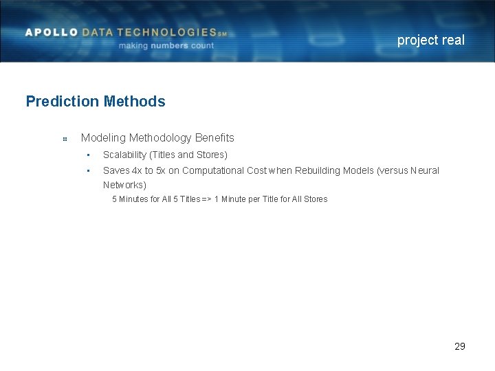 project real Prediction Methods Modeling Methodology Benefits • Scalability (Titles and Stores) • Saves