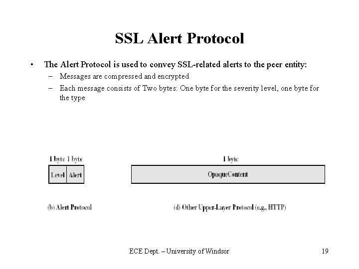 SSL Alert Protocol • The Alert Protocol is used to convey SSL-related alerts to