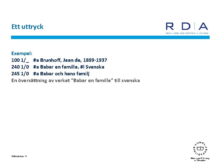 Ett uttryck Exempel: 100 1/_ #a Brunhoff, Jean de, 1899 -1937 240 1/0 #a