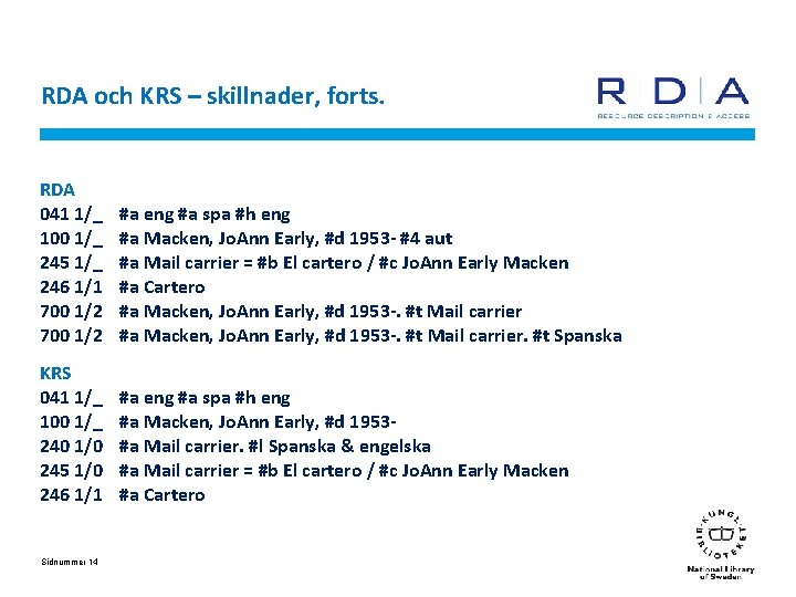 RDA och KRS – skillnader, forts. RDA 041 1/_ 100 1/_ 245 1/_ 246