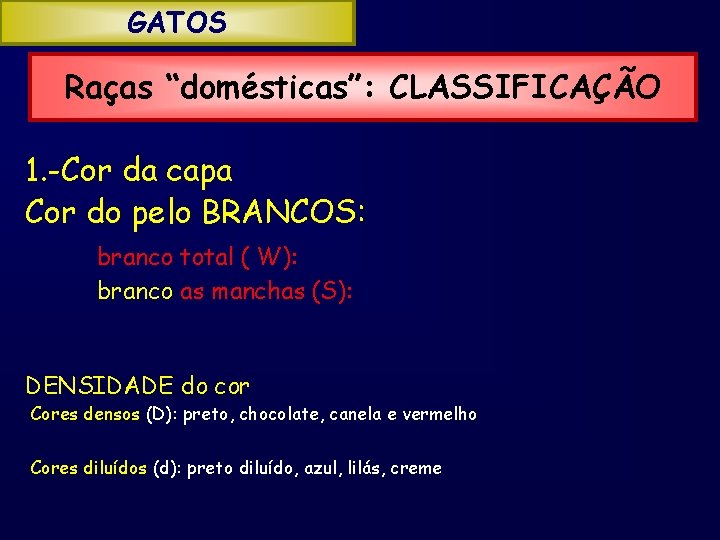 GATOS Raças “domésticas”: CLASSIFICAÇÃO 1. -Cor da capa Cor do pelo BRANCOS: branco total