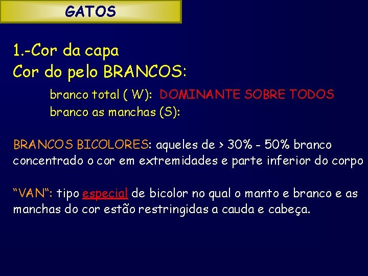 GATOS 1. -Cor da capa Cor do pelo BRANCOS: branco total ( W): DOMINANTE