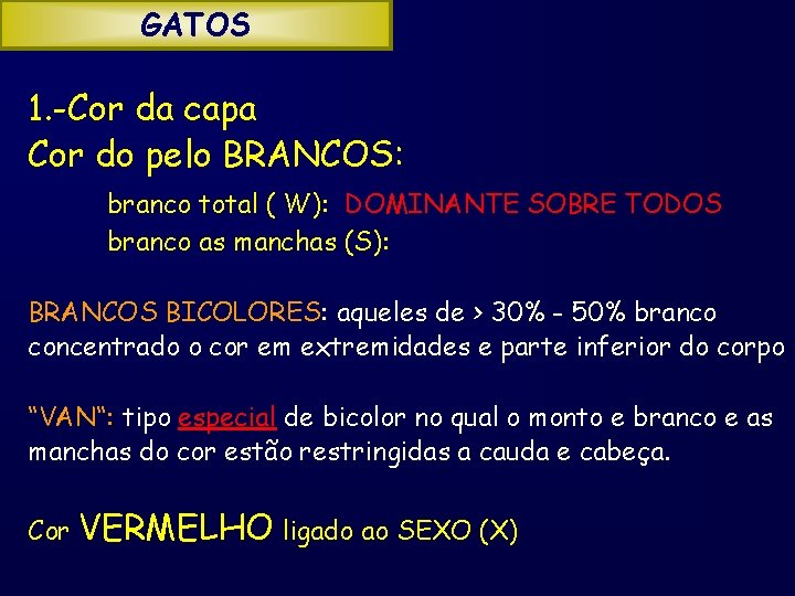 GATOS 1. -Cor da capa Cor do pelo BRANCOS: branco total ( W): DOMINANTE
