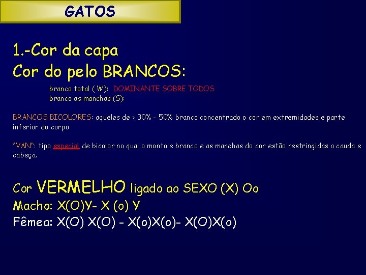 GATOS 1. -Cor da capa Cor do pelo BRANCOS: branco total ( W): DOMINANTE