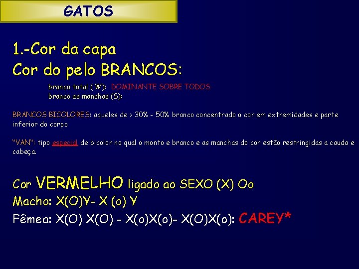 GATOS 1. -Cor da capa Cor do pelo BRANCOS: branco total ( W): DOMINANTE