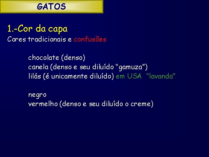 GATOS 1. -Cor da capa Cores tradicionais e confusões chocolate (denso) canela (denso e