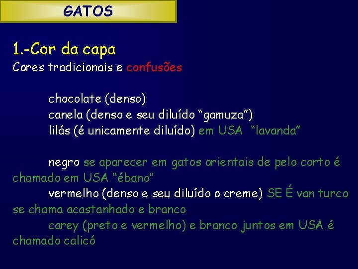 GATOS 1. -Cor da capa Cores tradicionais e confusões chocolate (denso) canela (denso e