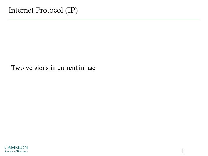 Internet Protocol (IP) Two versions in current in use 11 11 