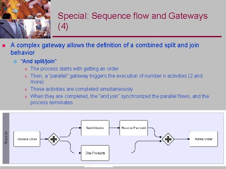 Special: Sequence flow and Gateways (4) n A complex gateway allows the definition of