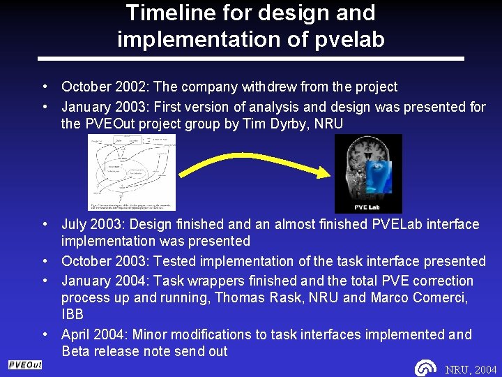 Timeline for design and implementation of pvelab • October 2002: The company withdrew from