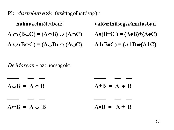 Pl: disztributivitás (széttagolhatóság) : halmazelméletben: valószínűségszámításban A (B C) = (A B) (A C)