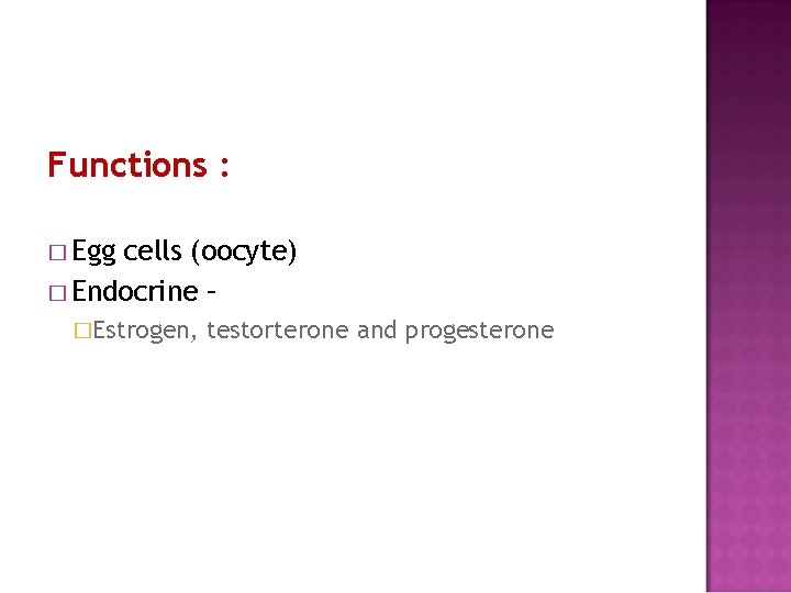 Functions : � Egg cells (oocyte) � Endocrine – �Estrogen, testorterone and progesterone 