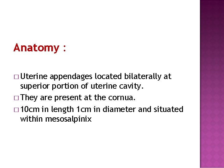 Anatomy : � Uterine appendages located bilaterally at superior portion of uterine cavity. �