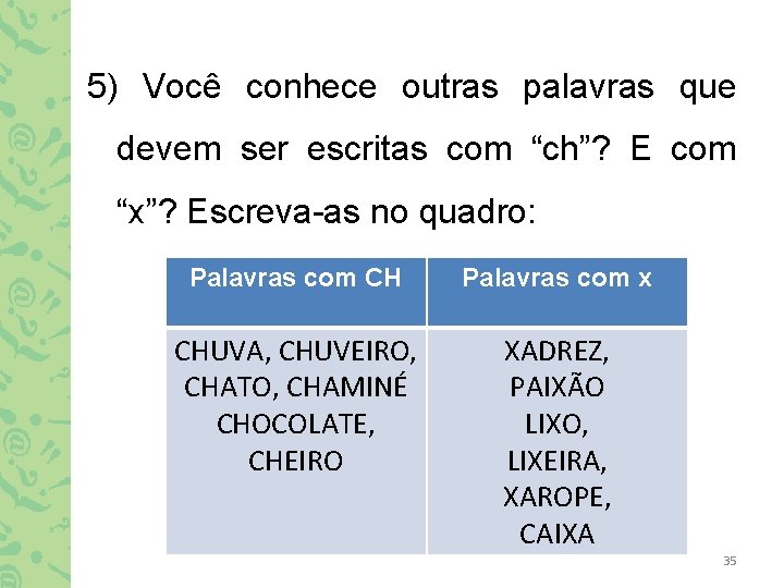 5) Você conhece outras palavras que devem ser escritas com “ch”? E com “x”?