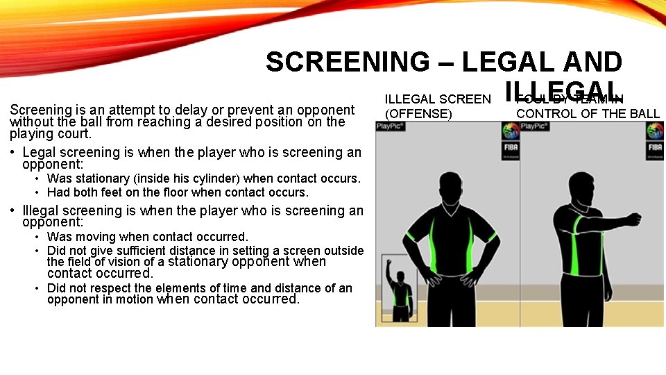 SCREENING – LEGAL AND ILLEGAL SCREEN ILLEGAL FOUL BY TEAM IN Screening is an