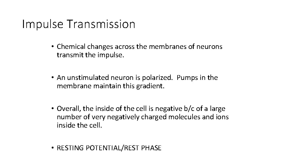 Impulse Transmission • Chemical changes across the membranes of neurons transmit the impulse. •