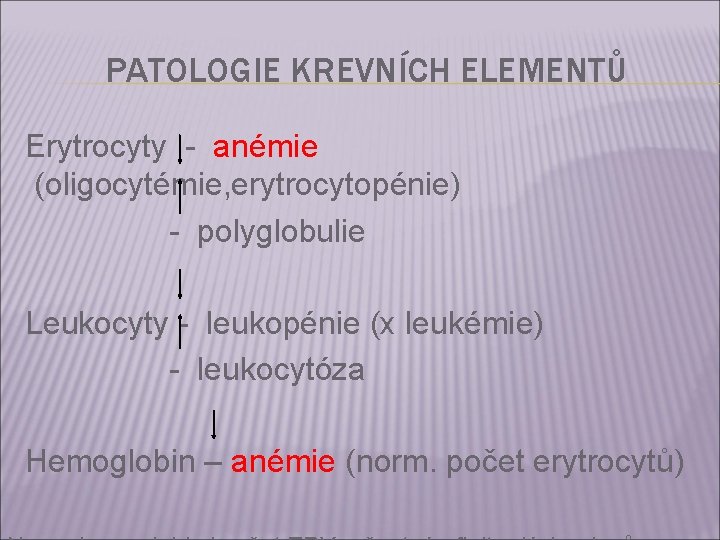 PATOLOGIE KREVNÍCH ELEMENTŮ Erytrocyty - anémie (oligocytémie, erytrocytopénie) - polyglobulie Leukocyty - leukopénie (x