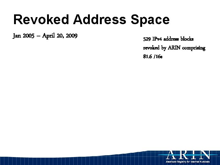 Revoked Address Space Jan 2005 – April 20, 2009 529 IPv 4 address blocks