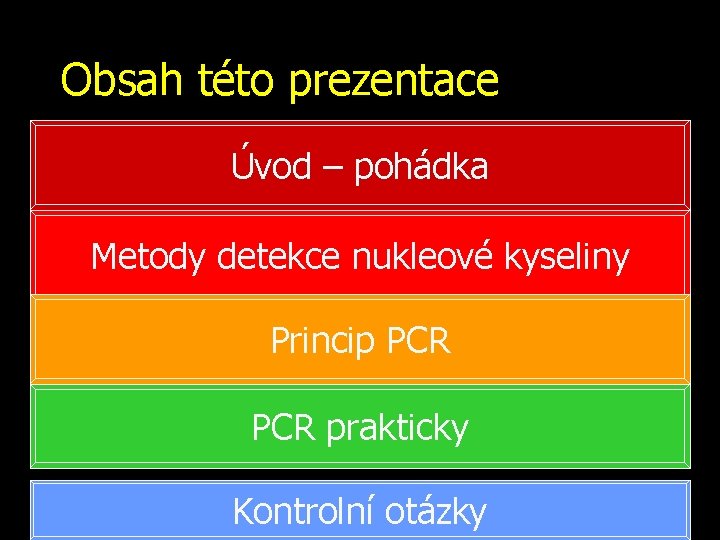 Obsah této prezentace Úvod – pohádka Metody detekce nukleové kyseliny Princip PCR prakticky Kontrolní