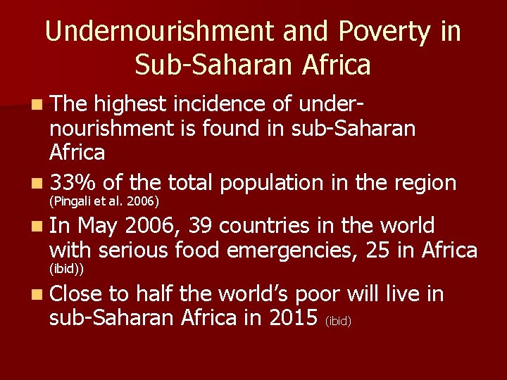 Undernourishment and Poverty in Sub-Saharan Africa n The highest incidence of undernourishment is found