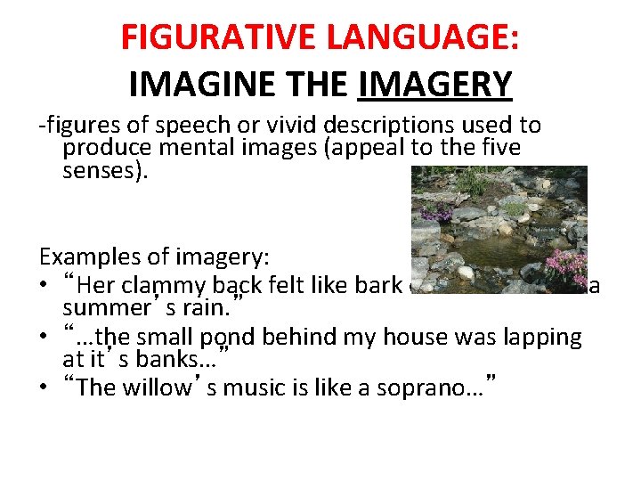 FIGURATIVE LANGUAGE: IMAGINE THE IMAGERY -figures of speech or vivid descriptions used to produce