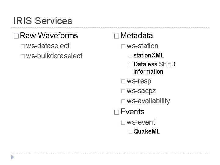 IRIS Services � Raw Waveforms � ws-dataselect � ws-bulkdataselect � Metadata � ws-station �