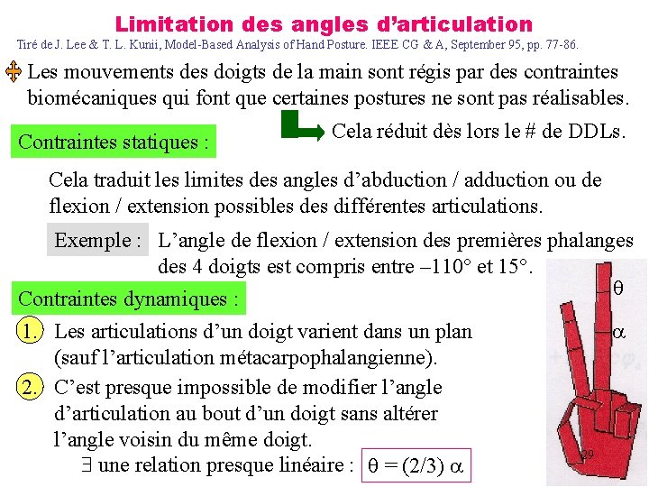 Limitation des angles d’articulation Tiré de J. Lee & T. L. Kunii, Model-Based Analysis