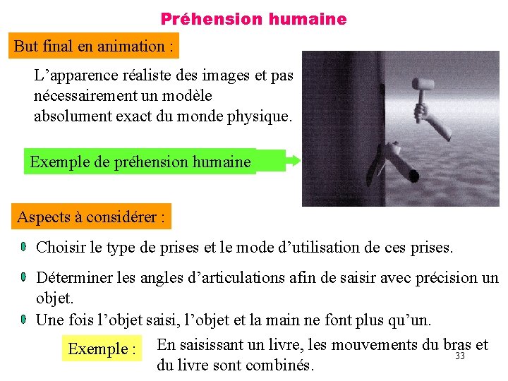 Préhension humaine But final en animation : L’apparence réaliste des images et pas nécessairement