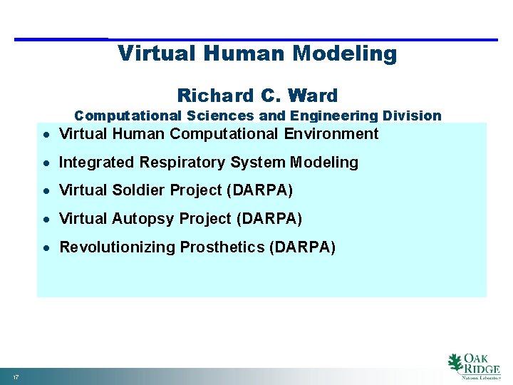 Virtual Human Modeling Richard C. Ward Computational Sciences and Engineering Division · Virtual Human