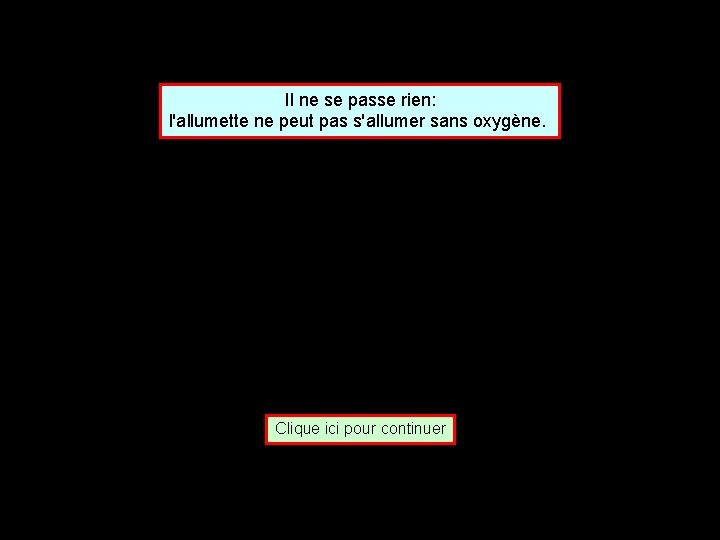 Il ne se passe rien: l'allumette ne peut pas s'allumer sans oxygène. Clique ici