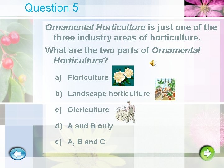 Question 5 Ornamental Horticulture is just one of the three industry areas of horticulture.