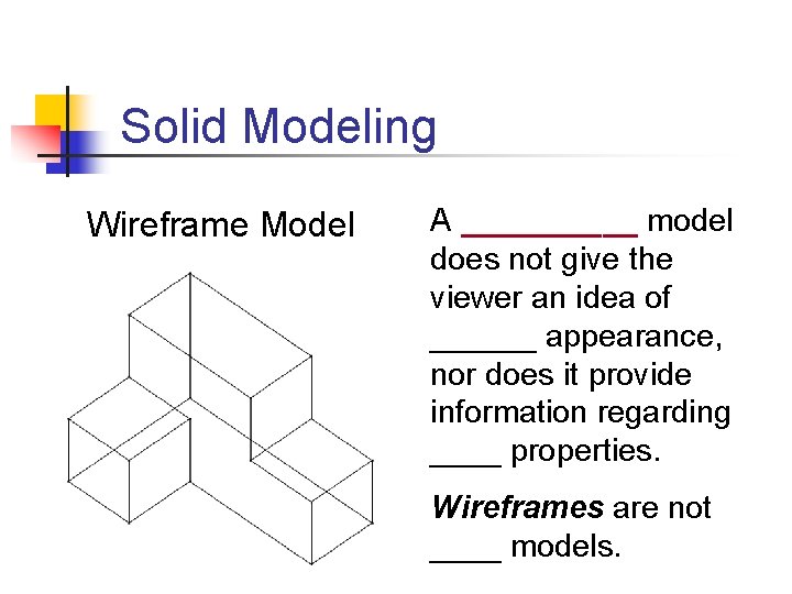 Solid Modeling Wireframe Model A _____ model does not give the viewer an idea