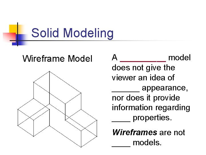 Solid Modeling Wireframe Model A _____ model does not give the viewer an idea Solid Modeling Wireframe Model A _____ model does not give the viewer an idea