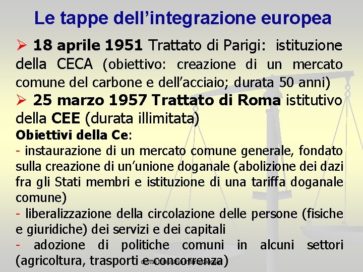 Le tappe dell’integrazione europea Ø 18 aprile 1951 Trattato di Parigi: istituzione della CECA