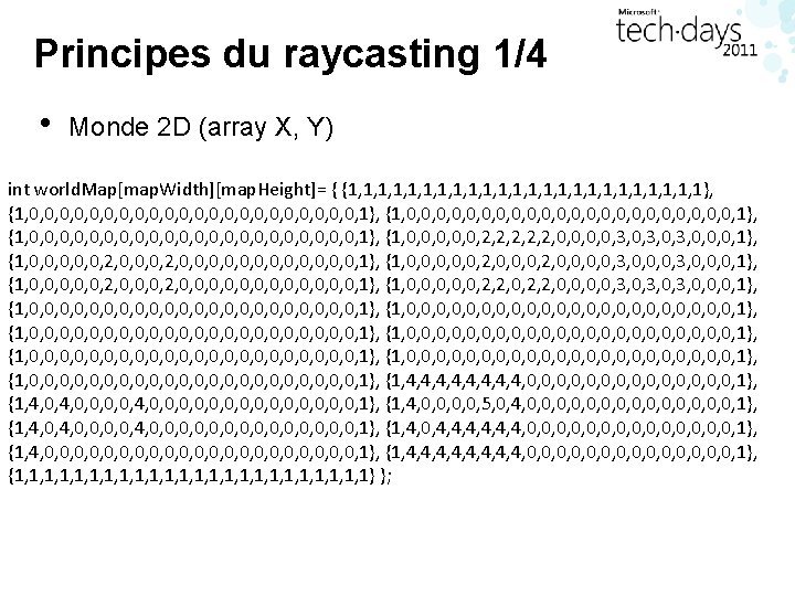 Principes du raycasting 1/4 • Monde 2 D (array X, Y) int world. Map[map.