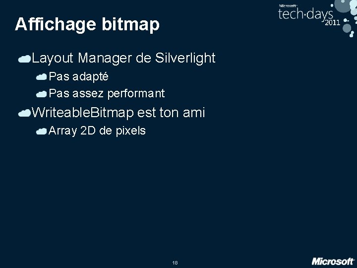 Affichage bitmap Layout Manager de Silverlight Pas adapté Pas assez performant Writeable. Bitmap est