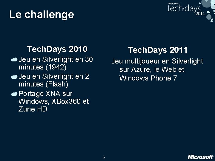 Le challenge Tech. Days 2010 Tech. Days 2011 Jeu en Silverlight en 30 minutes