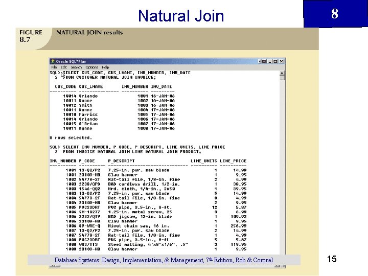 Natural Join Database Systems: Design, Implementation, & Management, 7 th Edition, Rob & Coronel