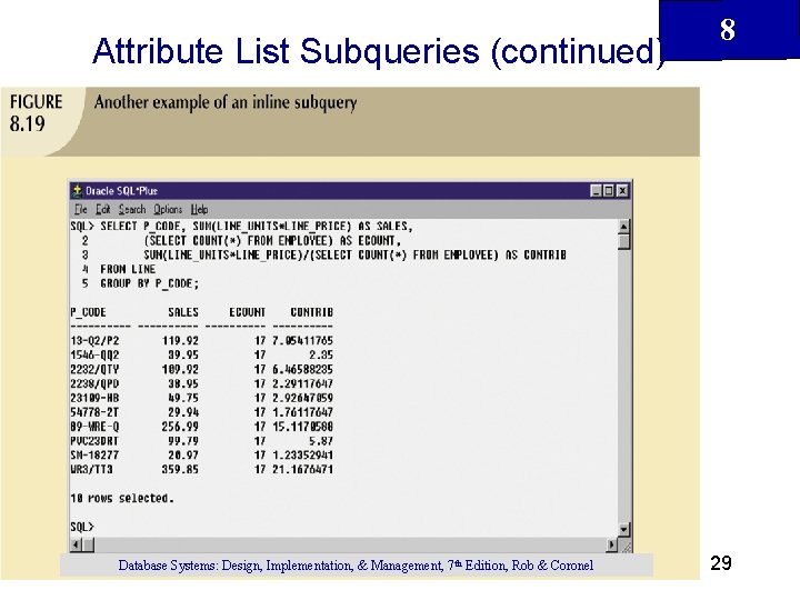 Attribute List Subqueries (continued) Database Systems: Design, Implementation, & Management, 7 th Edition, Rob