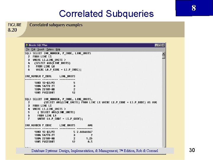Correlated Subqueries Database Systems: Design, Implementation, & Management, 7 th Edition, Rob & Coronel