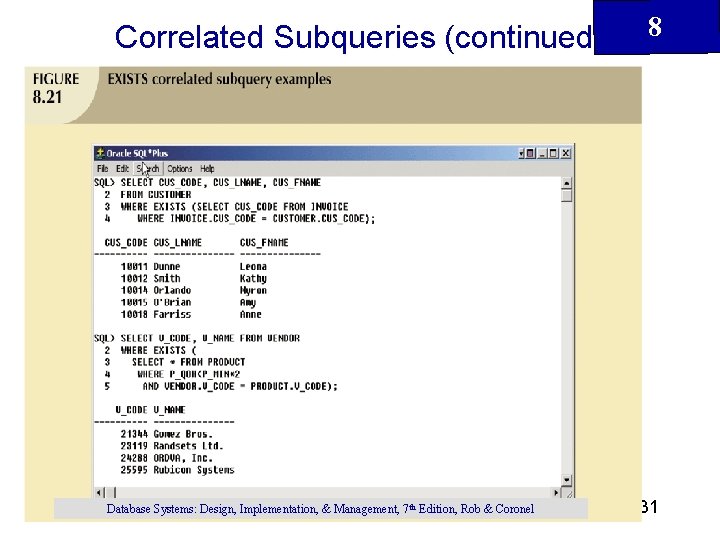 Correlated Subqueries (continued) Database Systems: Design, Implementation, & Management, 7 th Edition, Rob &